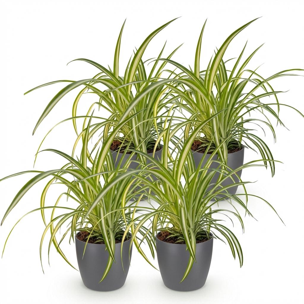 Green boutiQ - Zimmerpflanze - Chlorophytum comosum Variegatum - Bunte Graslilie - Haustierfreundliche Pflanze - Grün - 4 Pflanzen - mit Potter Grau - Topf 12cm - Höhe 20cm 