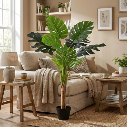 Monstera Deliciosa Kunstpflanze 120cm – Große Fensterblatt Deko Pflanze – Pflegefreie Zimmerpflanze für Wohnzimmer Büro & Empfangsbereich
