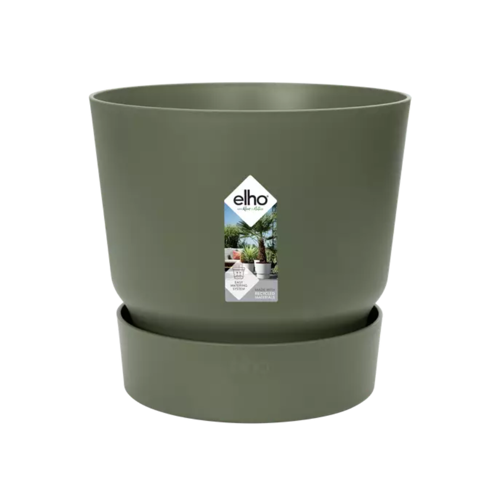Topf Greenvile Rund – 25 cm – Blattgrün – Frostsicher – Mit Wasserreservoir – Designertopf aus recyceltem Kunststoff 