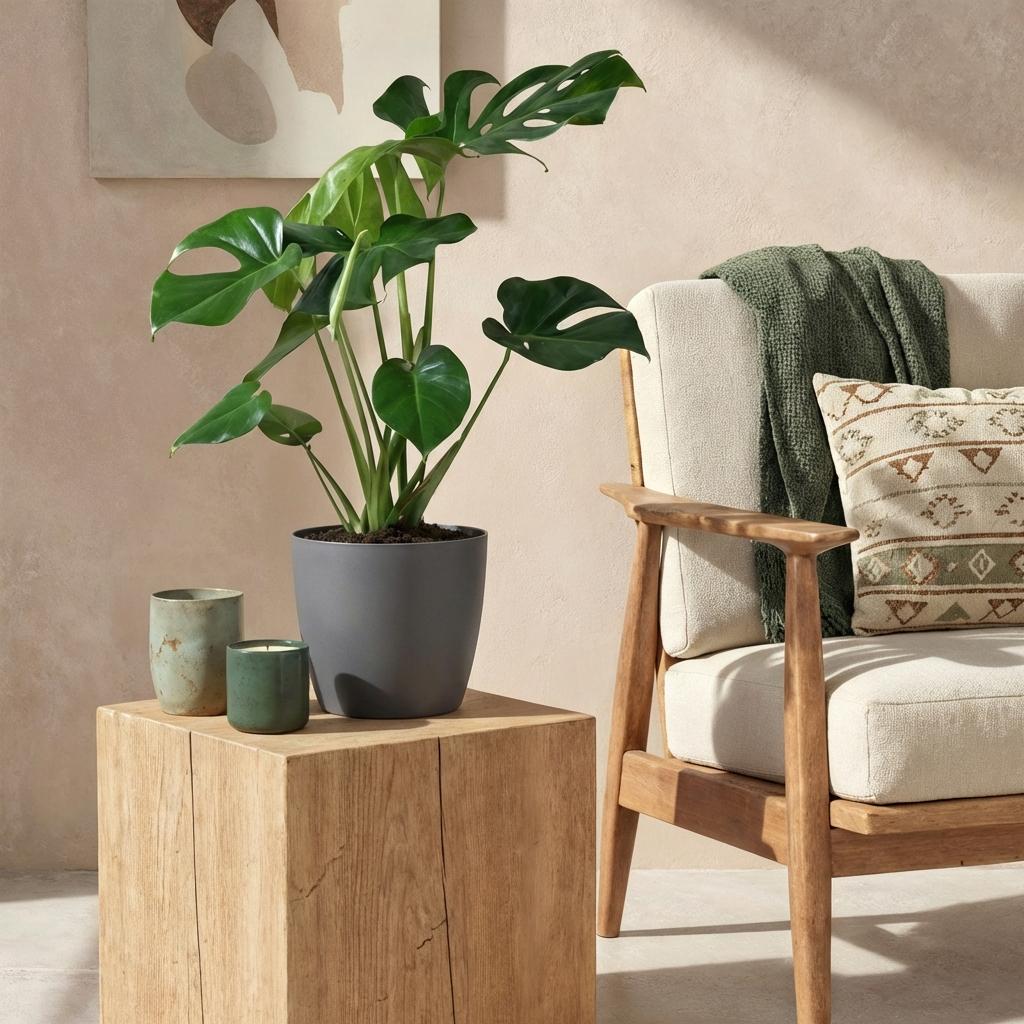 Green boutiQ - Zimmerpflanzen - Monstera Deliciosa - Fensterblatt - Pflegeleicht - Grün - 1 Pflanze - mit Potter Grau - Topf 21cm - Höhe 70-80cm 