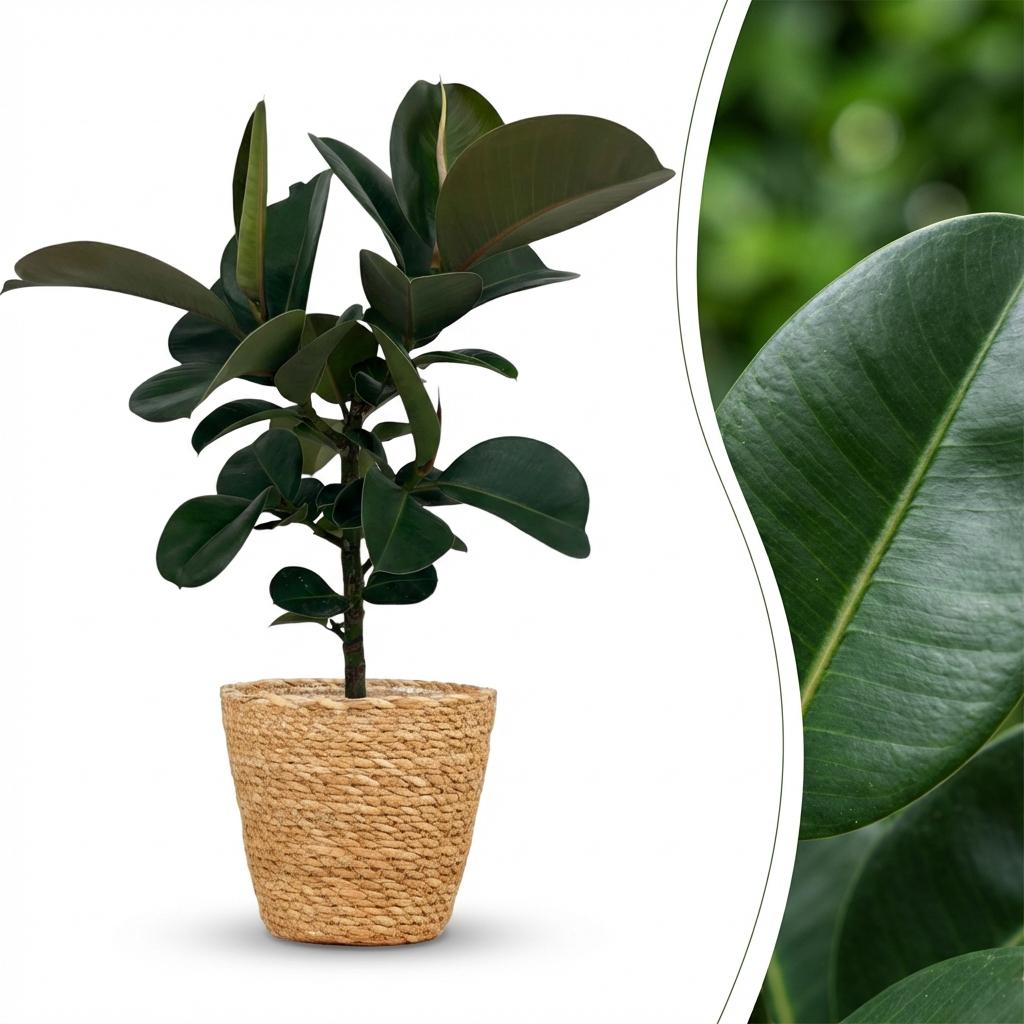 Ficus Elastica Cloe Gummibaum 65cm – Zimmerpflanze im Korb Ø19cm – große glänzende grüne Blätter – pflegeleicht für Wohnung & Büro – ideal bei Halbschatten, moderat gießen 