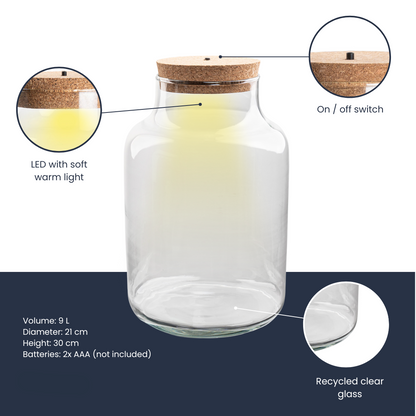 Terrarienflasche „Milky“ mit LED-Korkdeckel – Ø21cm ↕30cm – Glasflasche aus Recyclingglas – ca. 9L Volumen – Ideal für DIY-Terrarien & Mini-Ökosysteme – Mit Beleuchtung 