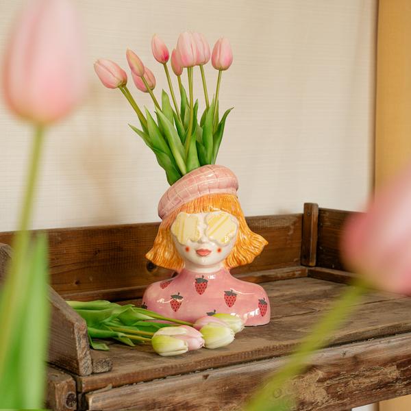 Vase Erdbeermädchen + Kunst Tulpen Pink 10 Stück