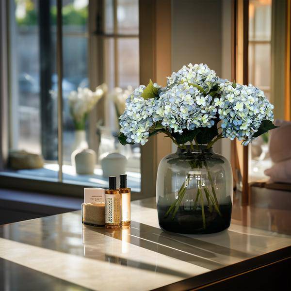 Künstliche Blumenstrauß Hortensien Blau – 8 Zweige je 52cm – Realistische Kunstblumen – Zeitloser Deko Blumenstrauß – Langlebige & pflegeleichte Dekoration für Zuhause, Büro & Events 