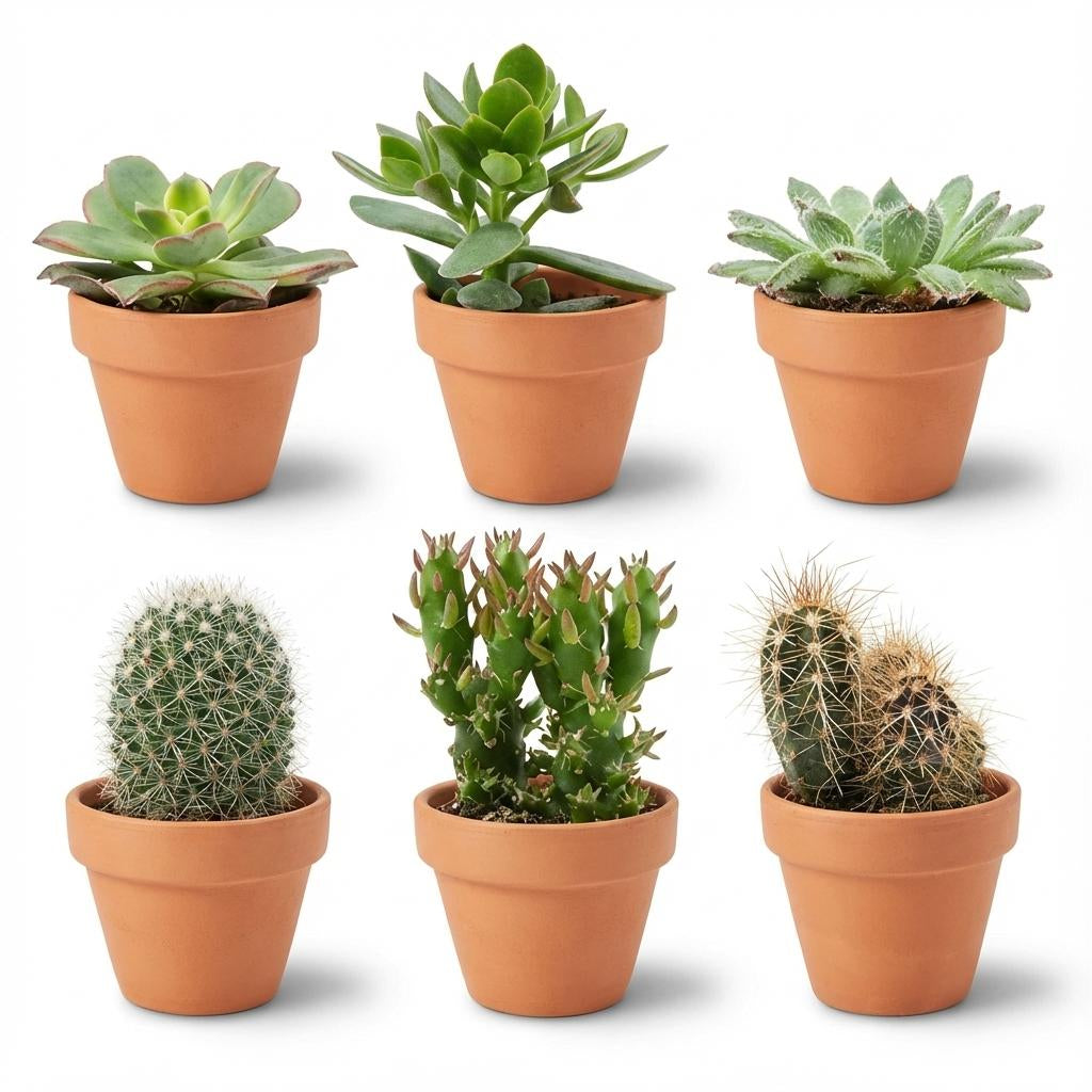 Mini Kakteen & Sukkulenten Mix – 6 Pflanzen – Ø8,1cm Terrakottatöpfe – Höhe 5–10cm – Pflegeleichte Zimmerpflanzen – Ideal als Deko & Geschenk 