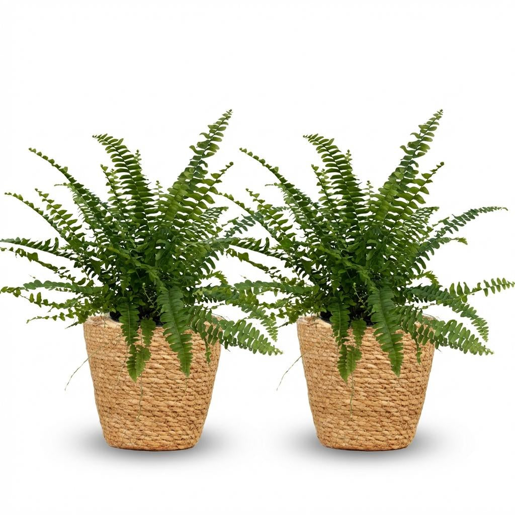 Green boutiQ - Zimmerpflanze - Nephrolepsis exaltata Green Lady - Farn - Haustierfreundliche Pflanze - Grün - 2 Pflanzen - mit Korb - Topf 12cm - Höhe 25cm 